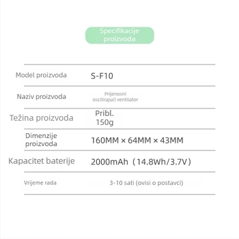 USB punjivi prijenosni turbinski ručni ventilator, visokog protoka, 5 lopatica, ugrađena baterija, kompaktne dimenzije 156×64×43 mm, 3 brzine zraka, niska buka