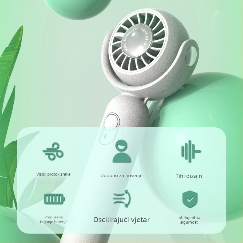 USB punjivi prijenosni turbinski ručni ventilator, visokog protoka, 5 lopatica, ugrađena baterija, kompaktne dimenzije 156×64×43 mm, 3 brzine zraka, niska buka