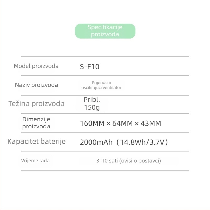 USB punjivi prijenosni turbinski ručni ventilator, visokog protoka, 5 lopatica, ugrađena baterija, kompaktne dimenzije 156×64×43 mm, 3 brzine zraka, niska buka