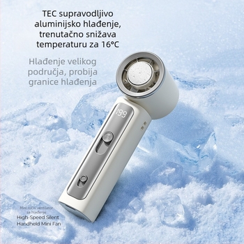 Mini ručni USB ventilator s hlađenjem ledom, brushless motor, ugrađena baterija 2000–4000 mAh, USB napajanje, buka ispod 36 dB