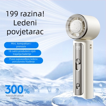 Mini ručni USB ventilator s hlađenjem ledom, brushless motor, ugrađena baterija 2000–4000 mAh, USB napajanje, buka ispod 36 dB