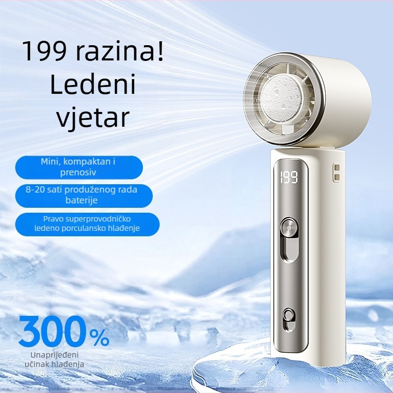 Mini ručni USB ventilator s hlađenjem ledom, brushless motor, ugrađena baterija 2000–4000 mAh, USB napajanje, buka ispod 36 dB
