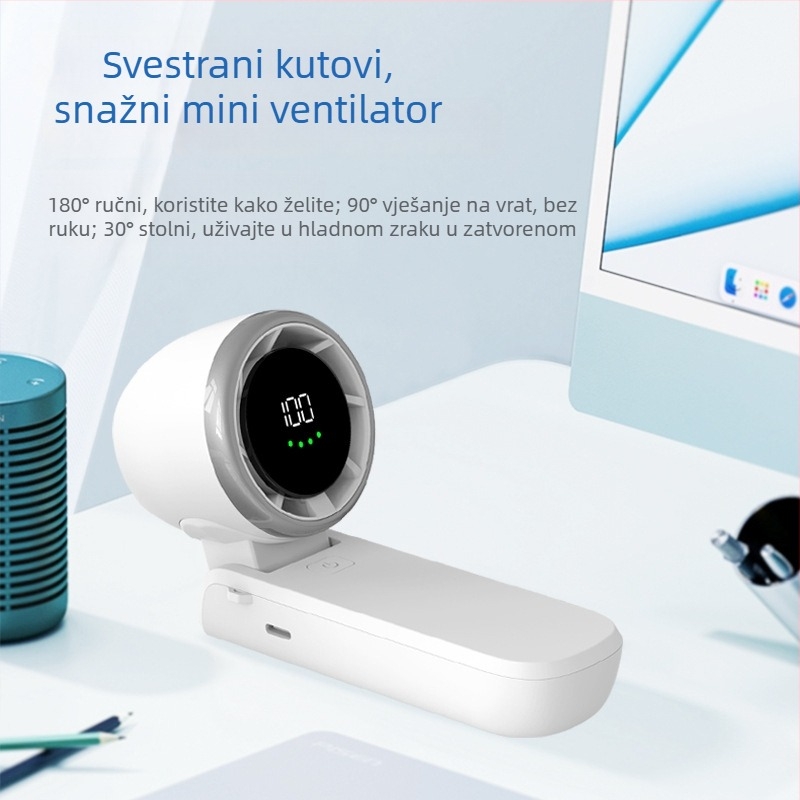 Runqi N607 Ručni mini sklopivi ventilator za vanjsku upotrebu s digitalnim zaslonom, ugrađena baterija 2000-4000mAh, ABS kućište, BLDC motor, USB, dimenzije 58x50x170 mm, 220 g, 100 razina nesprekidne regulacije brzine