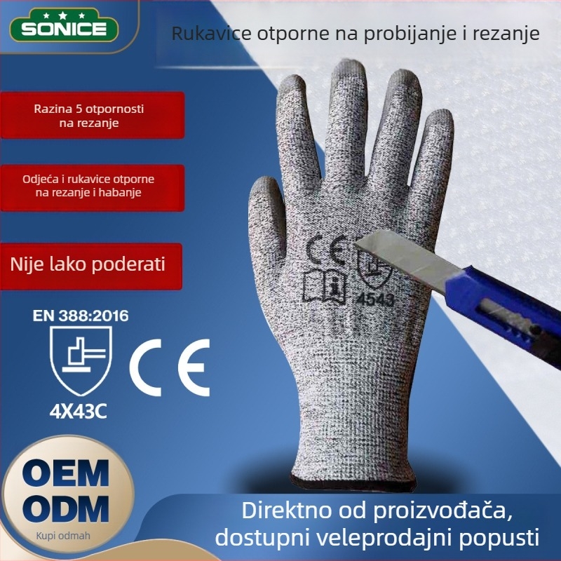 Sonas Rukavice otporne na rezanje razina 5 HPPE + PU za građevinarstvo, zavarivanje i industriju – CE certifikat; OEM/ODM podrška