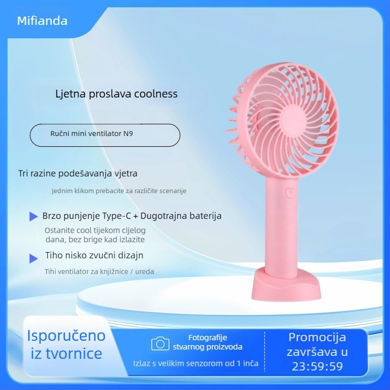 Mali USB ventilator, tih rad, 3 brzine, punjiva baterija 500–800 mAh