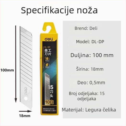 Deli DL018 nož za umjetnost od legirane čelika, oštrica 0,5×18×100 mm, težina 70 g