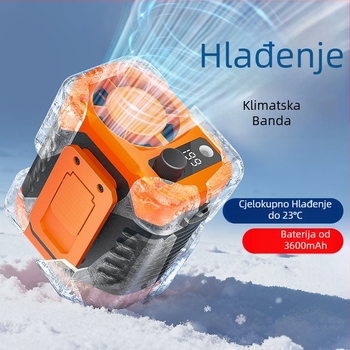 Pojasni prijenosni ventilator s klipom, 6 lopatica, brushless motor, ugrađena baterija 300–500 mAh, LED osvjetljenje, USB punjenje