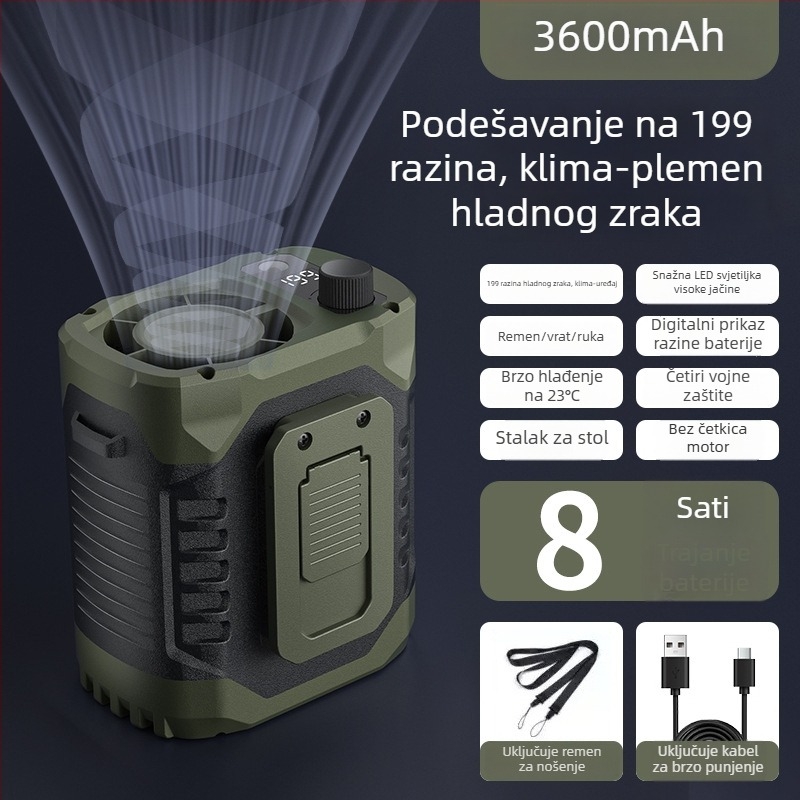 Pojasni prijenosni ventilator s klipom, 6 lopatica, brushless motor, ugrađena baterija 300–500 mAh, LED osvjetljenje, USB punjenje