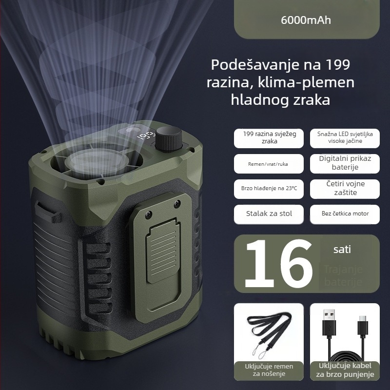 Pojasni prijenosni ventilator s klipom, 6 lopatica, brushless motor, ugrađena baterija 300–500 mAh, LED osvjetljenje, USB punjenje