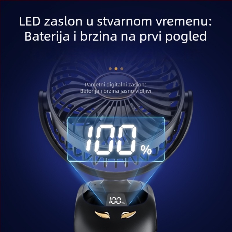 USB klipski ventilator s digitalnim zaslonom, prenosni mini stolni ventilator za studentske domove, ugrađena baterija 6000mAh, brushless motor, 5 lopatica, 5 brzina