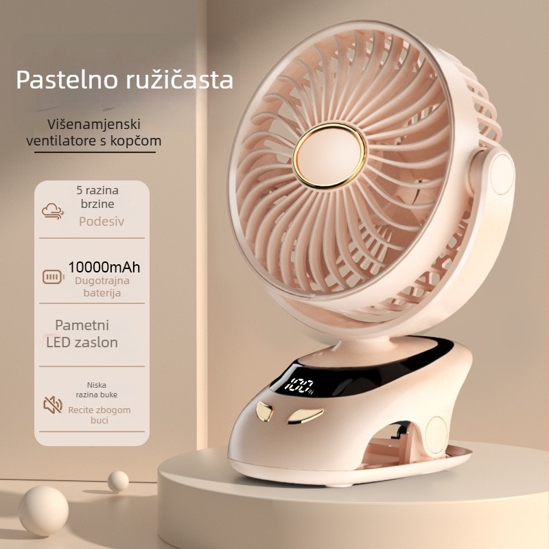 USB klipski ventilator s digitalnim zaslonom, prenosni mini stolni ventilator za studentske domove, ugrađena baterija 6000mAh, brushless motor, 5 lopatica, 5 brzina