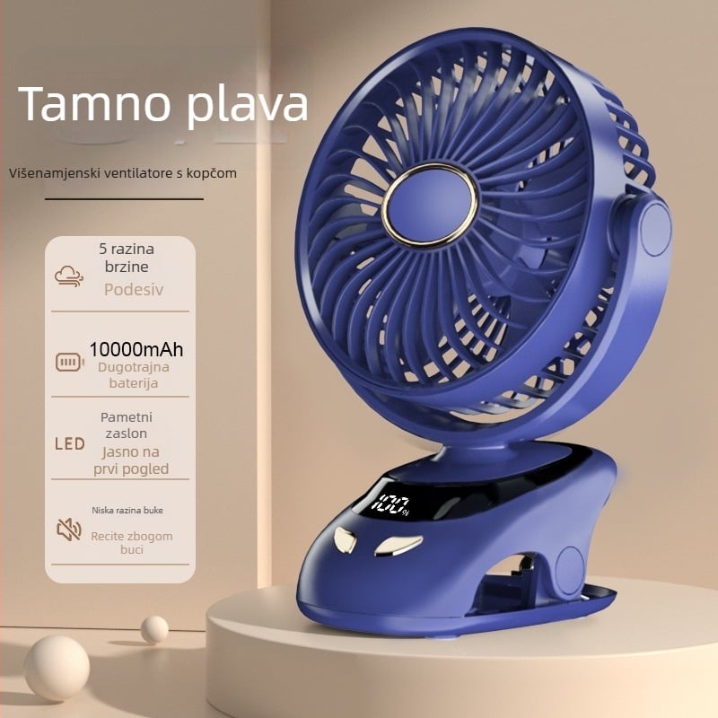 USB klipski ventilator s digitalnim zaslonom, prenosni mini stolni ventilator za studentske domove, ugrađena baterija 6000mAh, brushless motor, 5 lopatica, 5 brzina