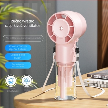 F10 Ručni ventilator s raspršivanjem, USB punjiv, ugrađena baterija 1000–1200 mAh, 3 brzine, 6+ lopatica, funkcija raspršivanja