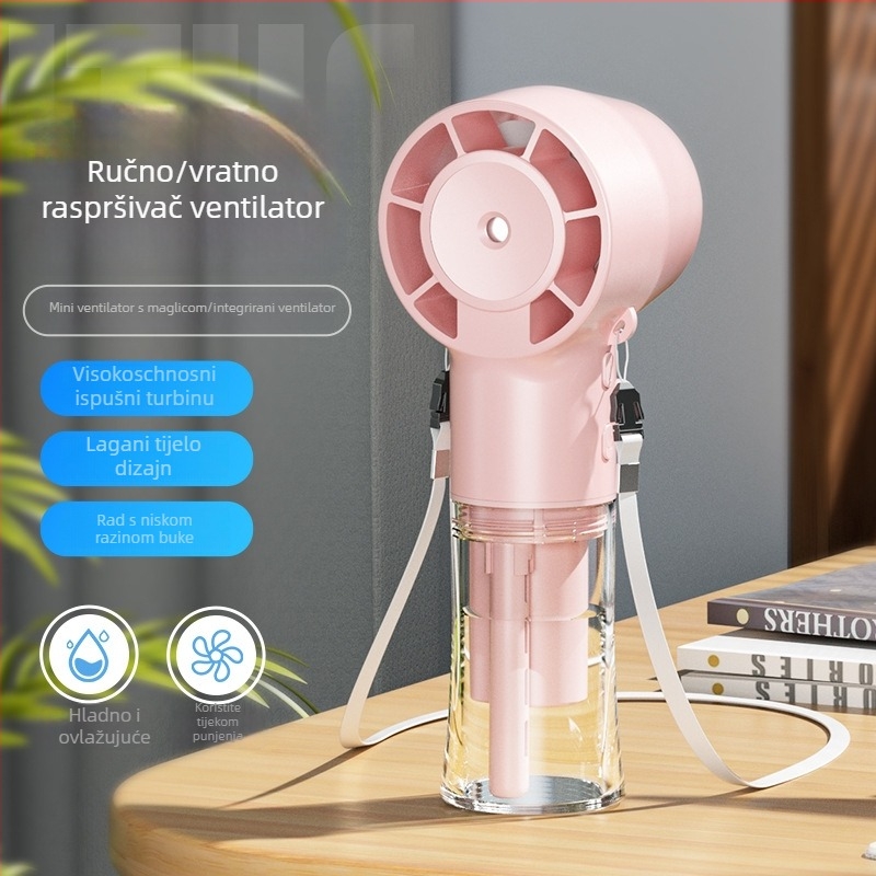 F10 Ručni ventilator s raspršivanjem, USB punjiv, ugrađena baterija 1000–1200 mAh, 3 brzine, 6+ lopatica, funkcija raspršivanja