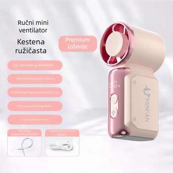 Ručni USB prijenosni ventilator, brushless motor, ugrađena baterija 4000–6000mAh, 6 lopatica, neprekidna regulacija brzine