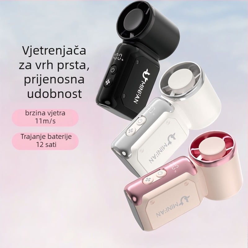 Ručni USB prijenosni ventilator, brushless motor, ugrađena baterija 4000–6000mAh, 6 lopatica, neprekidna regulacija brzine