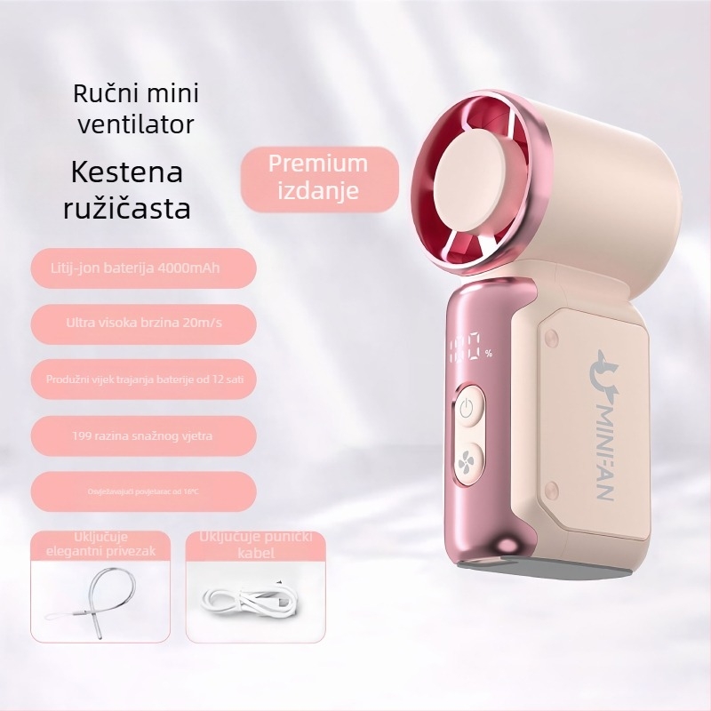 Ručni USB prijenosni ventilator, brushless motor, ugrađena baterija 4000–6000mAh, 6 lopatica, neprekidna regulacija brzine