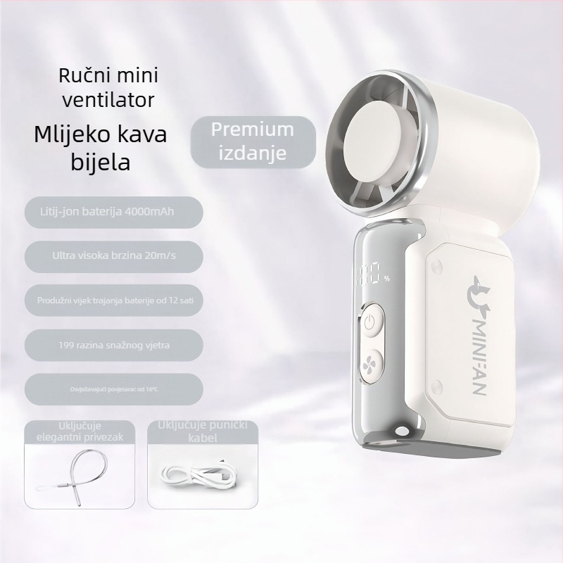 Ručni USB prijenosni ventilator, brushless motor, ugrađena baterija 4000–6000mAh, 6 lopatica, neprekidna regulacija brzine