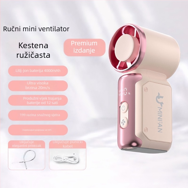 Ručni USB prijenosni ventilator, brushless motor, ugrađena baterija 4000–6000mAh, 6 lopatica, neprekidna regulacija brzine