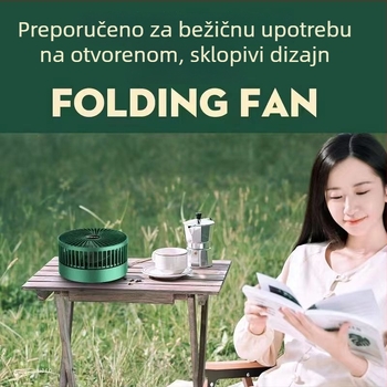 USB stolni ventilator, sklapan i proširiv, napajan litijskom baterijom, 3 brzine, zvuk ispod 36 dB, ugrađena 300–500 mAh baterija