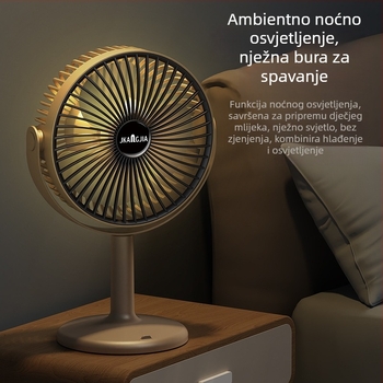 Stolni ventilator s noćnim svjetlom, USB napajanje, ugrađena baterija 1000–1200 mAh, 3 lopatice, 5 brzina, brushless motor