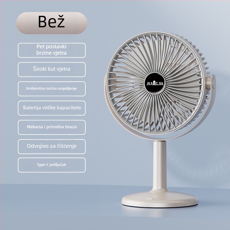 Stolni ventilator s noćnim svjetlom, USB napajanje, ugrađena baterija 1000–1200 mAh, 3 lopatice, 5 brzina, brushless motor