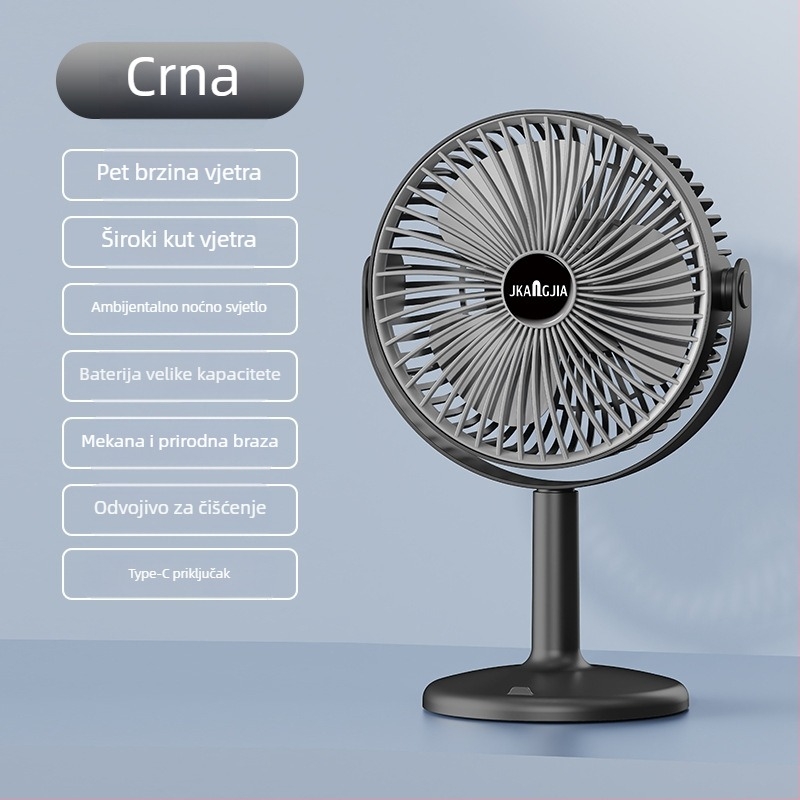 Stolni ventilator s noćnim svjetlom, USB napajanje, ugrađena baterija 1000–1200 mAh, 3 lopatice, 5 brzina, brushless motor