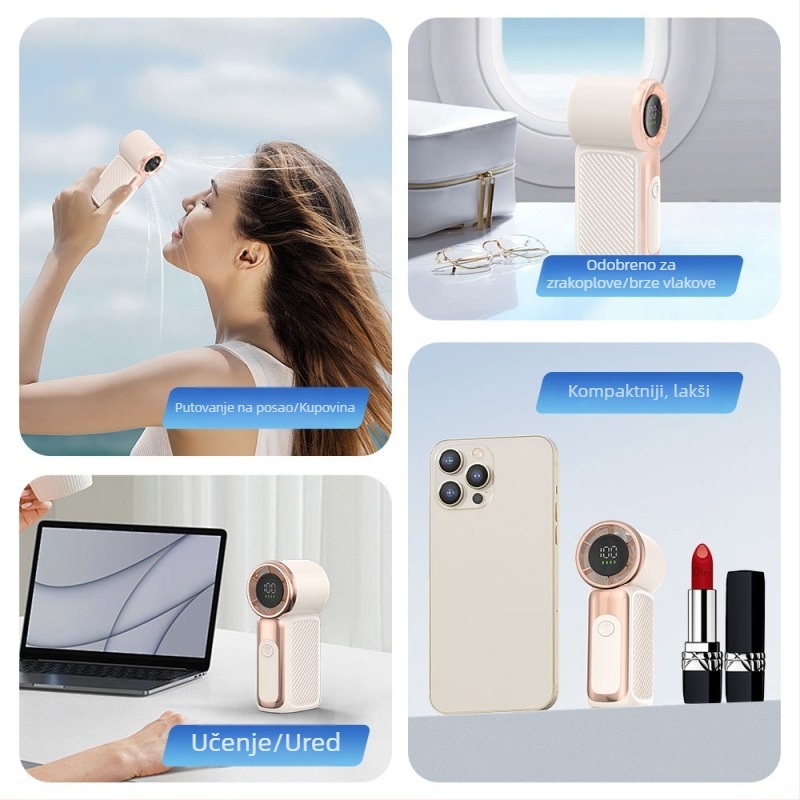 Mini ručni ventilator USB punjiv, dugotrajna baterija, 5 lopatica, prijenosni, tih