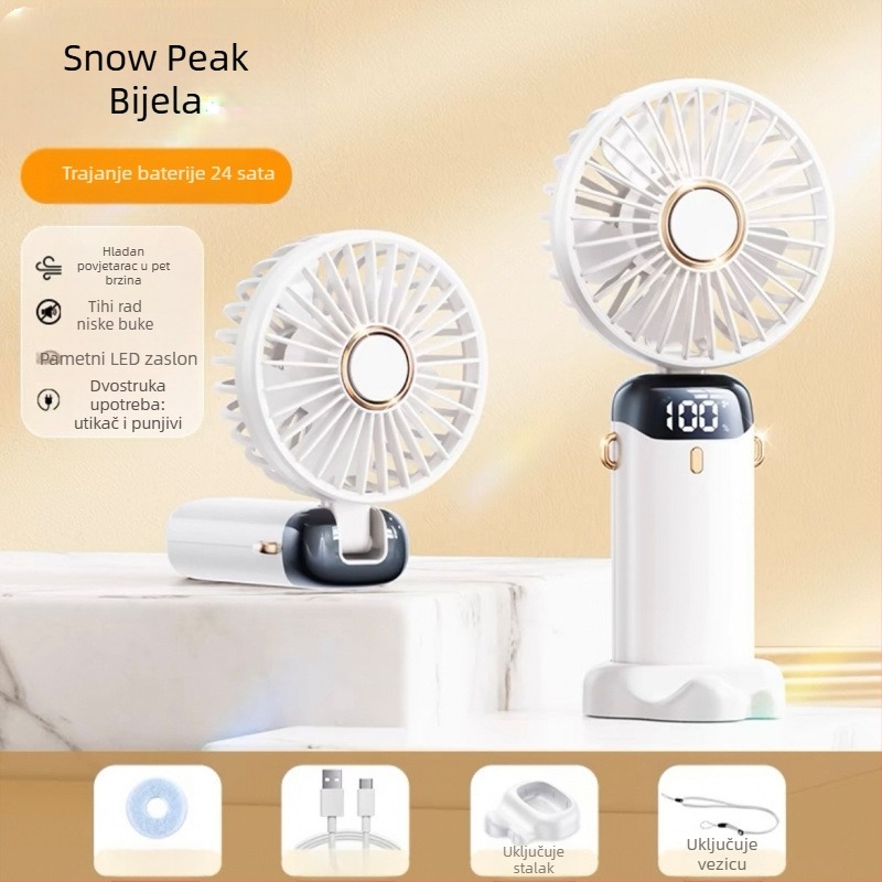 USB ručni ventilator – mini, prijenosni, sklopivi, napajanje preko USB-a, ugrađena baterija, 5 lopatica, 5 brzina, tih rad