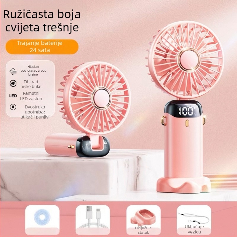 USB ručni ventilator – mini, prijenosni, sklopivi, napajanje preko USB-a, ugrađena baterija, 5 lopatica, 5 brzina, tih rad