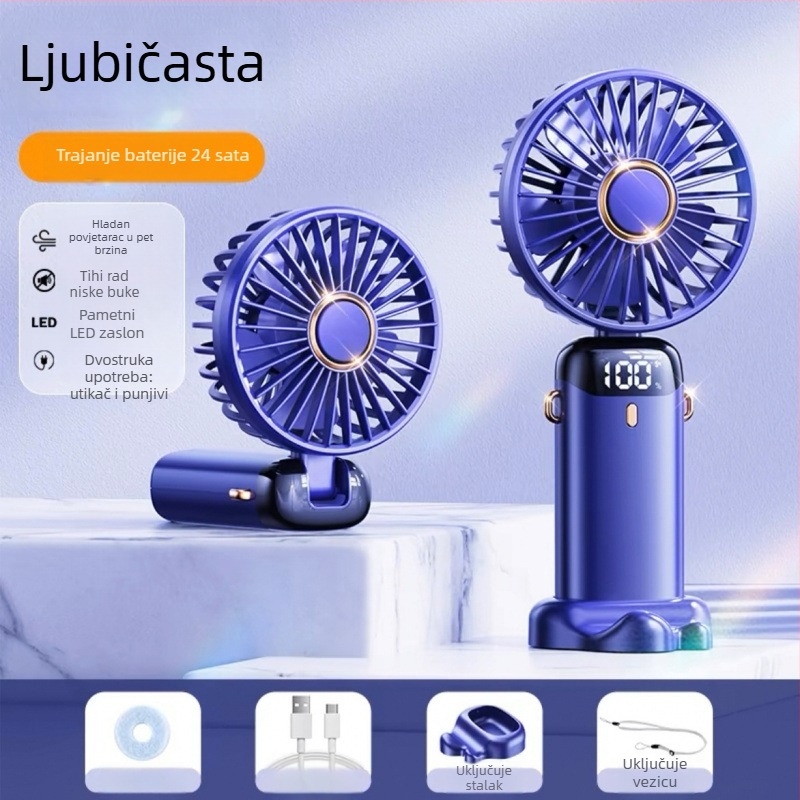 USB ručni ventilator – mini, prijenosni, sklopivi, napajanje preko USB-a, ugrađena baterija, 5 lopatica, 5 brzina, tih rad