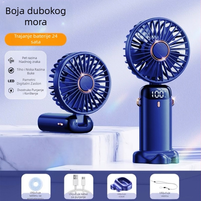 USB ručni ventilator – mini, prijenosni, sklopivi, napajanje preko USB-a, ugrađena baterija, 5 lopatica, 5 brzina, tih rad