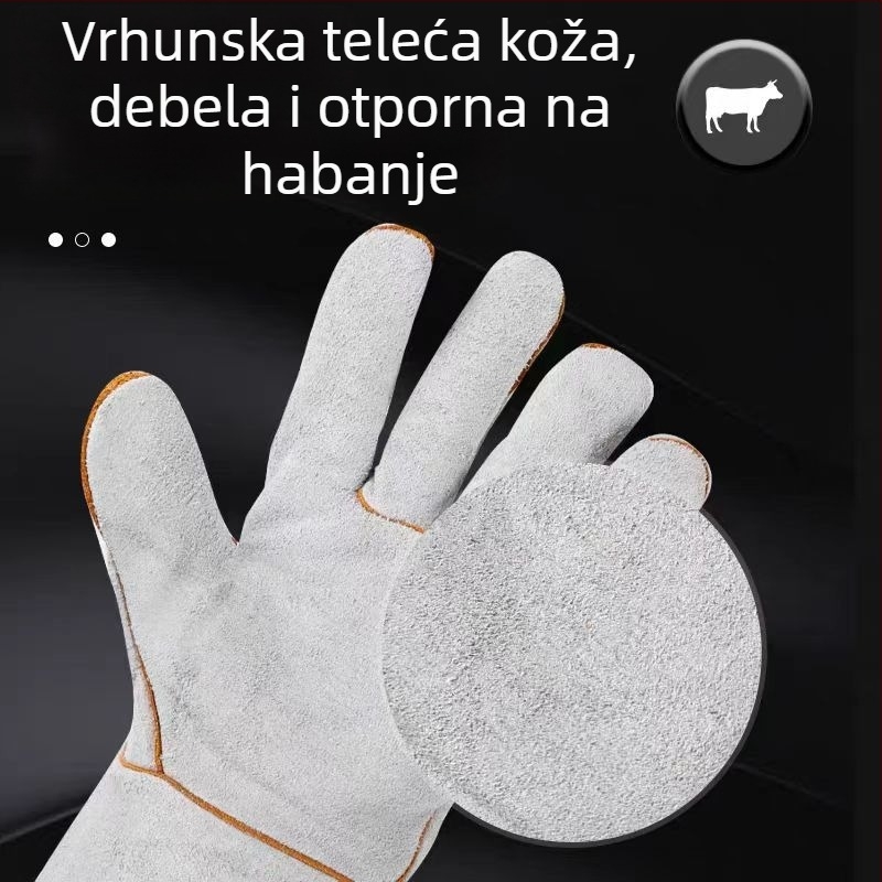 Zavarivačke rukavice od dvostruke kože goveda, duge, toplinsku izolaciju i otpornost na plamen, izdržljiva dlan s podstavom od pliša/pamuka, dvostruka zaštita od opeklina