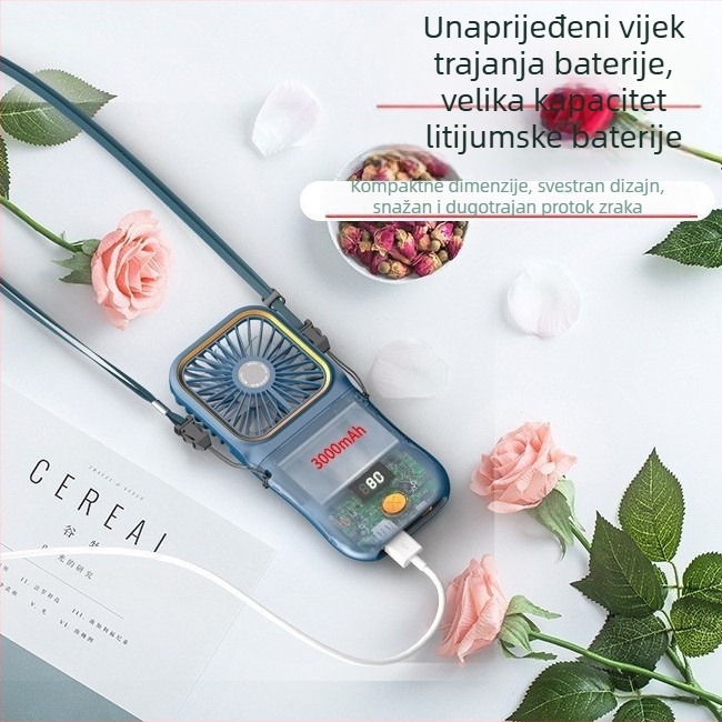 Ručni mini ventilator s digitalnim zaslonom, preklopni, USB napajanje (ugrađena baterija 2000–4000 mAh; buka < 36 dB; 3 brzine zraka)