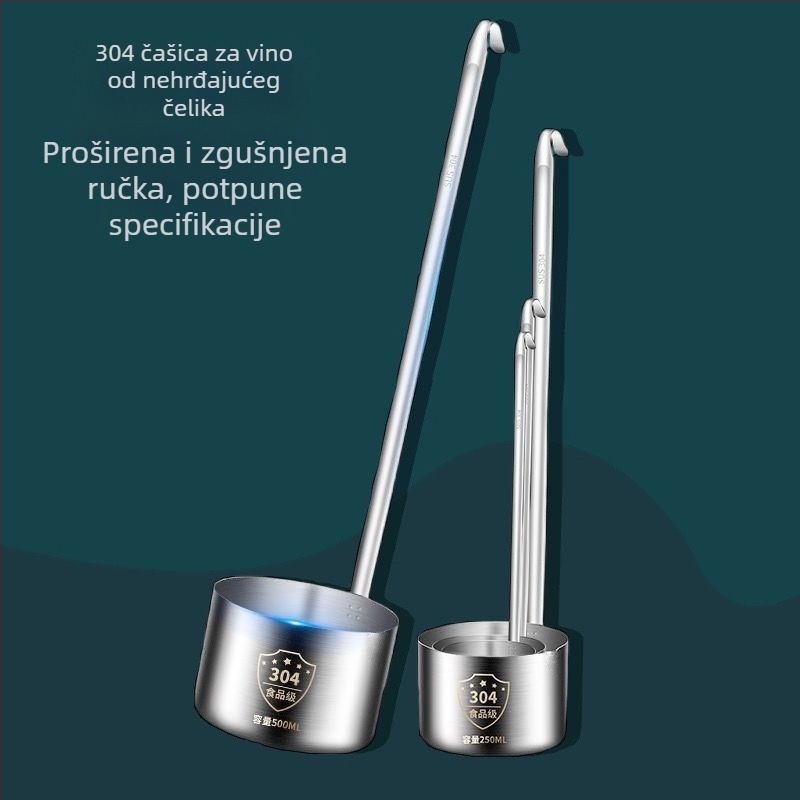Set za vino od nehrđajućeg čelika s plosnatim držalom: izljevnik, mjerač, vinska žlica i lijevak