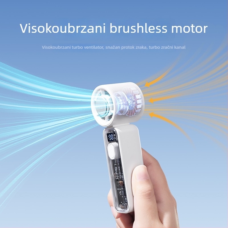 Ručni USB mini ventilator s brushless motorom, 5 lopatica, ugrađena Li-ion baterija 1200–2000 mAh, USB punjenje, neprekidno podešavanje brzine bez koraka