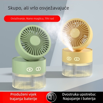 Mali prijenosni ventilator s raspršivanjem za stol ili ured, USB napajanje, ugrađena baterija, 3 brzine, hlađenje i ovlaživanje zraka