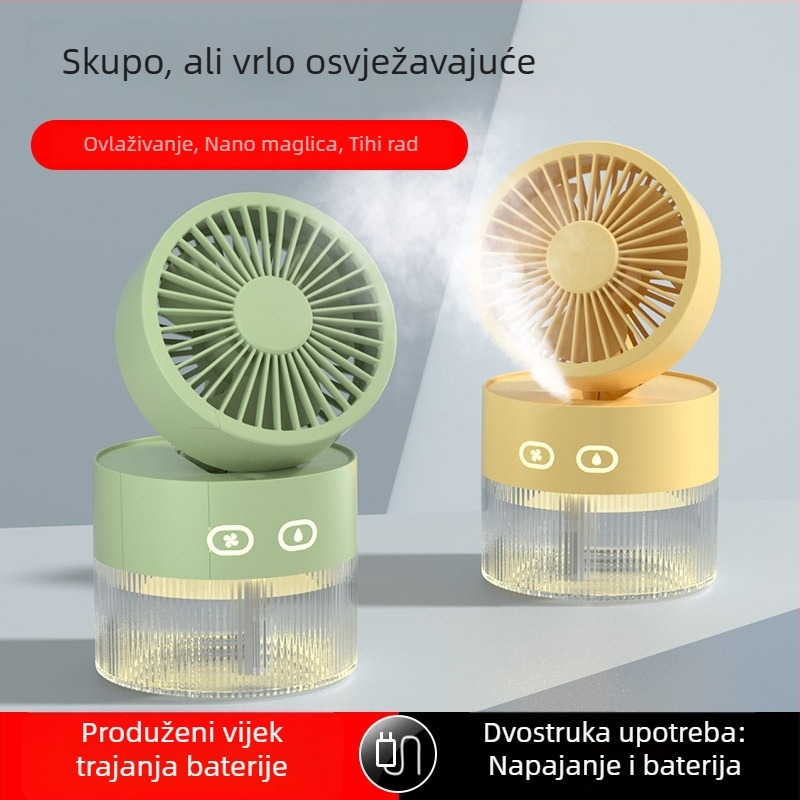Mali prijenosni ventilator s raspršivanjem za stol ili ured, USB napajanje, ugrađena baterija, 3 brzine, hlađenje i ovlaživanje zraka