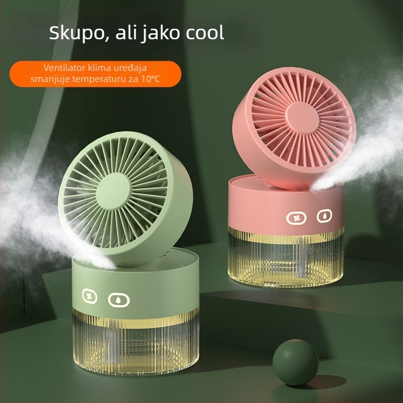 Mali prijenosni ventilator s raspršivanjem za stol ili ured, USB napajanje, ugrađena baterija, 3 brzine, hlađenje i ovlaživanje zraka