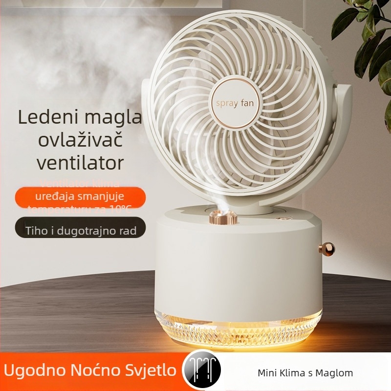Mali prijenosni ventilator s raspršivanjem za stol ili ured, USB napajanje, ugrađena baterija, 3 brzine, hlađenje i ovlaživanje zraka