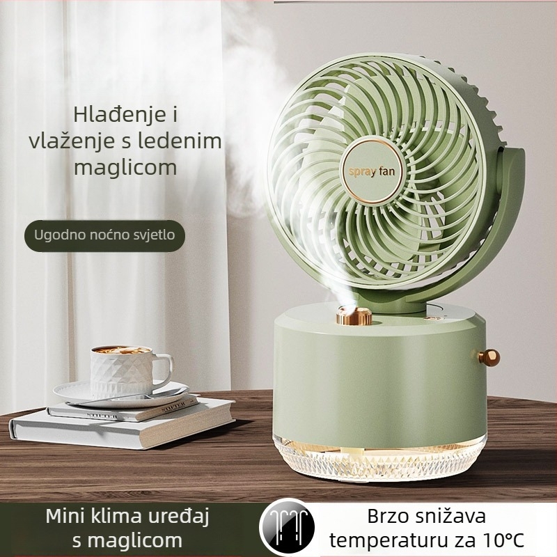 Mali prijenosni ventilator s raspršivanjem za stol ili ured, USB napajanje, ugrađena baterija, 3 brzine, hlađenje i ovlaživanje zraka