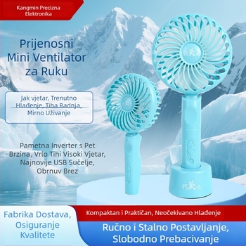 Ručni ventilator s USB punjenjem, ergonomska ručka, brushless motor, 5 brzina, tih rad, ugrađena baterija 2000-4000mAh