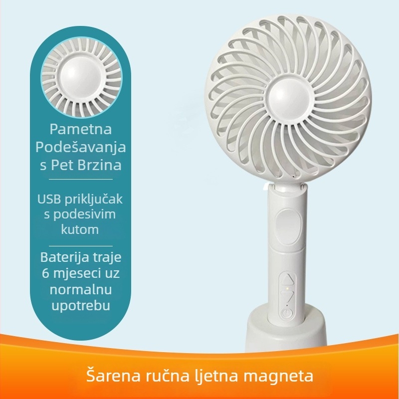 Ručni ventilator s USB punjenjem, ergonomska ručka, brushless motor, 5 brzina, tih rad, ugrađena baterija 2000-4000mAh