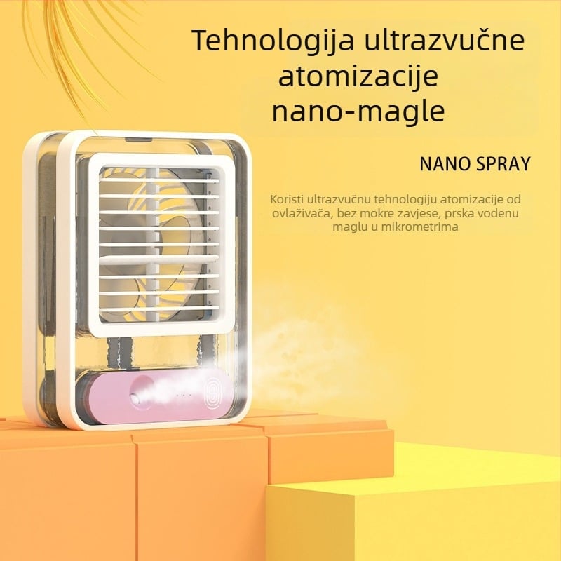 Mini ventilator za hlađenje sa sprejem, USB punjenje — prenosni ventilator s 3 lopaticama, bezčetkasti motor, 3 brzine, izmjenjiva baterija 800–1000 mAh, buka ispod 36 dB