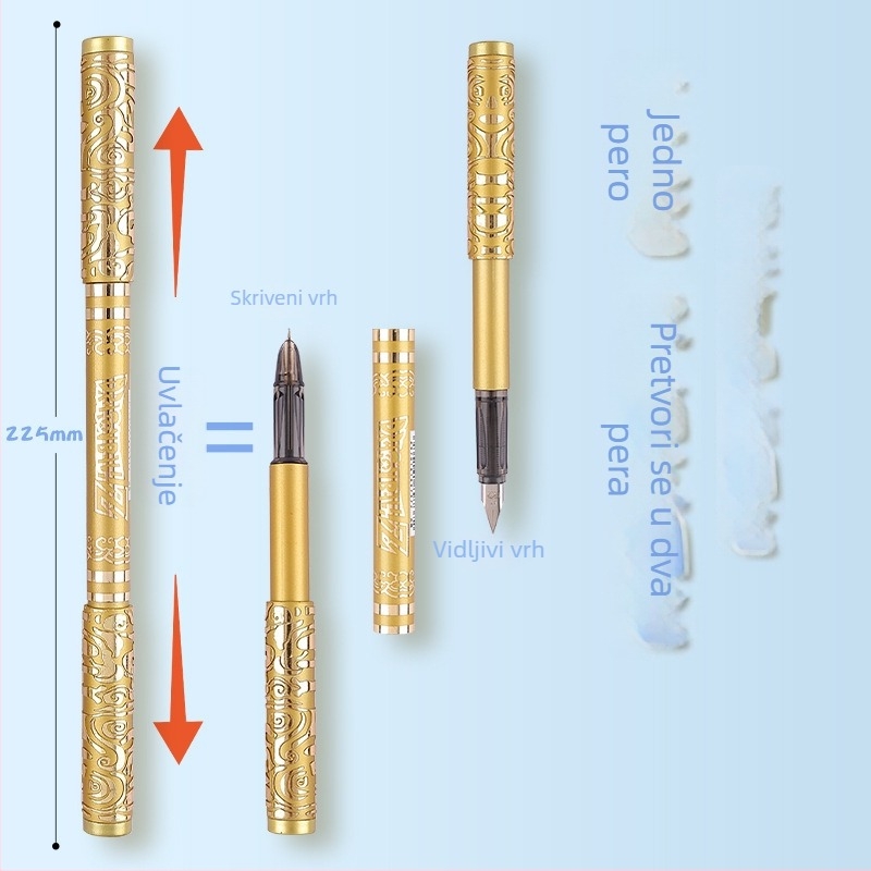 Dvostrano nalivpero s zlatnim prstenom i izvučnim spremnikom za tintu, izuzetno tanak vrh 0.38 mm, za vježbanje pisanja u trećem razredu