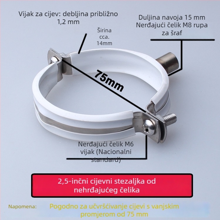 Spona od nehrđajućeg čelika za vodovodnu cijev s PVC odvodnim klipom, fiksni držač; nominalni promjer 75 mm, promjer za učvršćivanje 75 mm