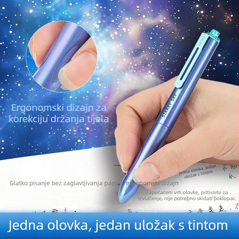 Hero Star svemirsko pero za učenike trećeg razreda — zamjenjivi spremnik tinte, fini EF vrh, 0,38 mm