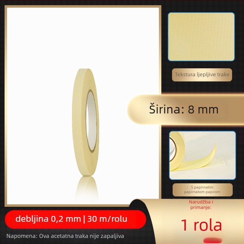 Bijela ljepljiva traka od octene kiseline za visoke temperature, izolacija za LCD popravak, s papirnim listom za otpuštanje; debljina 0.2 mm; otpornost na temperaturu: dugotrajna 100°C, kratkotrajna 180°C; osnova: acetatno platno; jezgra: papirnata cijev; 