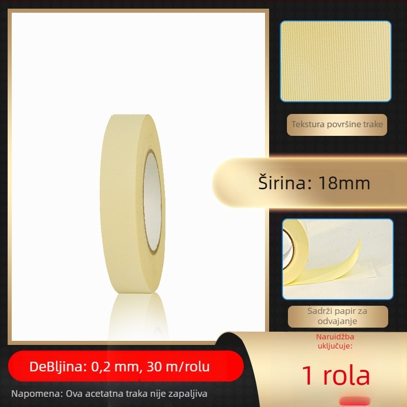 Bijela ljepljiva traka od octene kiseline za visoke temperature, izolacija za LCD popravak, s papirnim listom za otpuštanje; debljina 0.2 mm; otpornost na temperaturu: dugotrajna 100°C, kratkotrajna 180°C; osnova: acetatno platno; jezgra: papirnata cijev; 