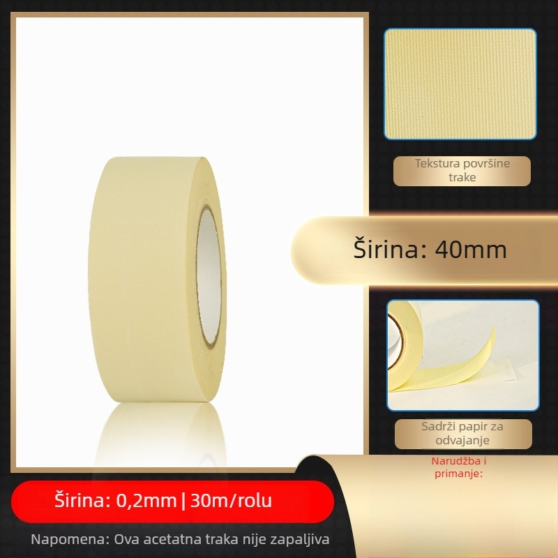 Bijela ljepljiva traka od octene kiseline za visoke temperature, izolacija za LCD popravak, s papirnim listom za otpuštanje; debljina 0.2 mm; otpornost na temperaturu: dugotrajna 100°C, kratkotrajna 180°C; osnova: acetatno platno; jezgra: papirnata cijev; 